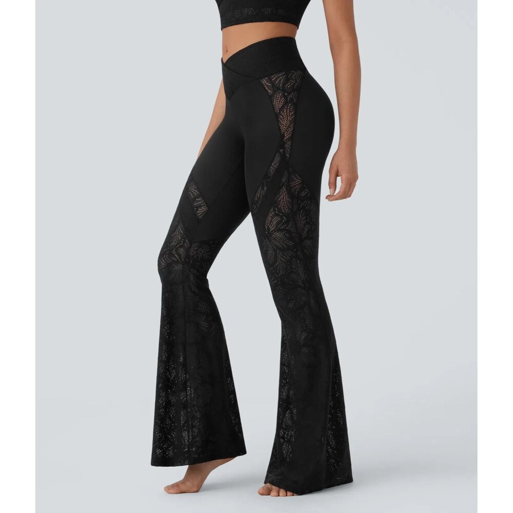 NWT Halara SoftlyZero Crossover Lace Flare Yoga Leggings M Reg Black High Waist